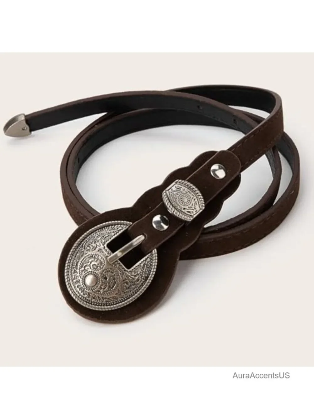 Faux Suede Western Concho Belt with Disc Buckle - Skinny Waistband for Country
